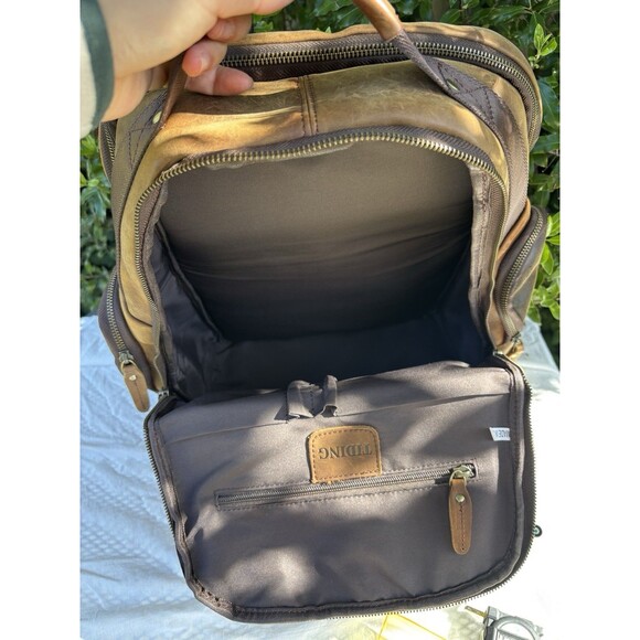 TIDING Full Grain Leather Backpack Travel Laptop Bag 15.6” Large Capacity Brown - Picture 16 of 16